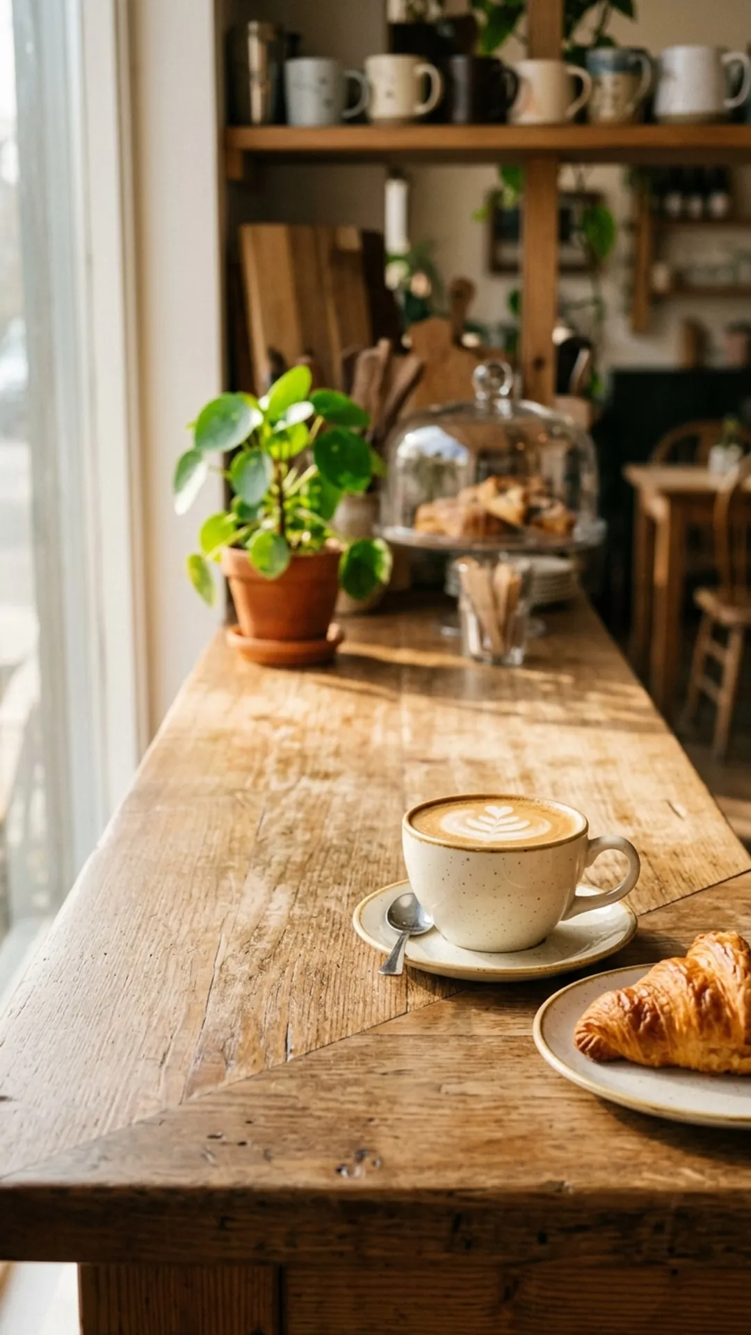 Coffee and a croissant on a sunlit cafe table